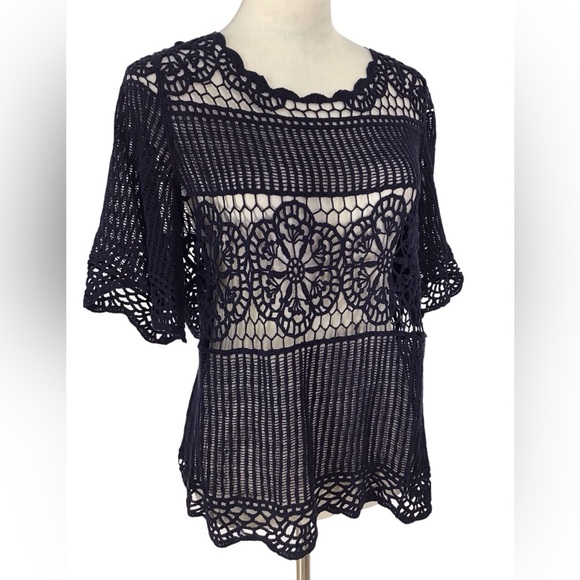 Anthropologie James Coviello Blue Crochet Lace Short Sleeve Top Large - Picture 3 of 6